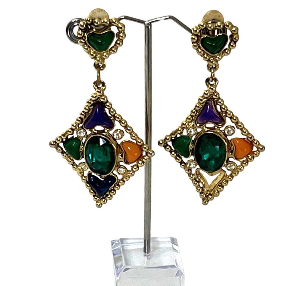 Vintage 80s Multicolor Rhinestone Dangle Earrings Gold Tone Clip On